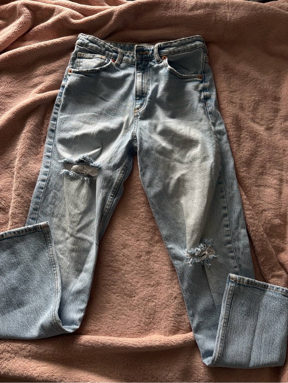 Zara Light Blue Straight Leg Distressed Jeans